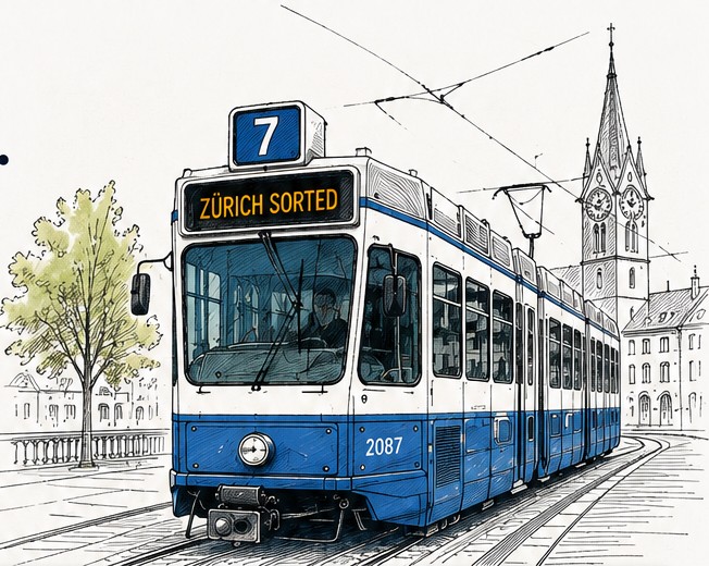 Hand-drawn blue Zurich tram in a Zurich streetscape